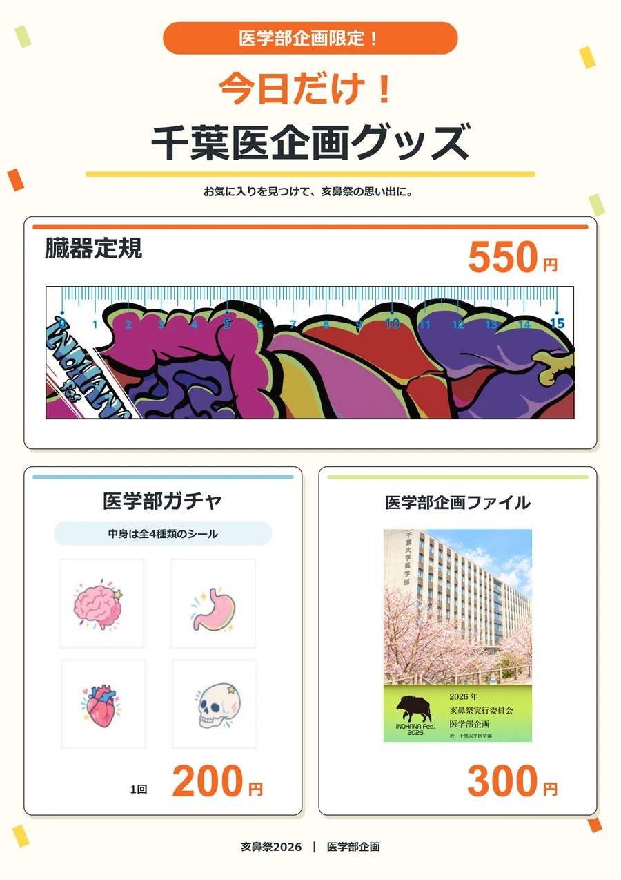 医学部企画限定 千葉医企画グッズ。臓器定規550円、医学部ガチャ1回200円、医学部企画ファイル300円