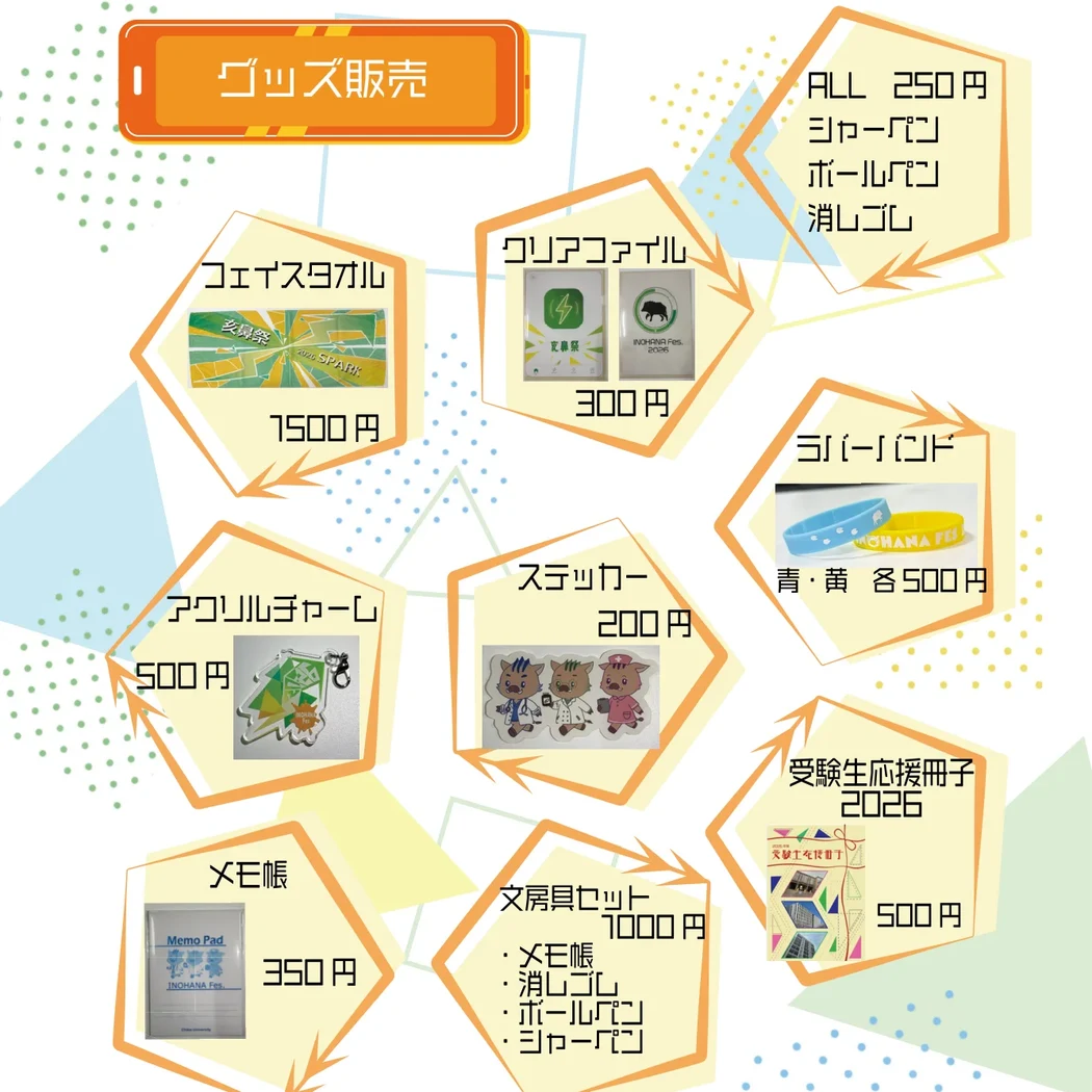 亥鼻祭の公式グッズ販売の一覧。フェイスタオル、クリアファイル、アクリルチャーム、ラバーバンド、ステッカー、メモ帳など